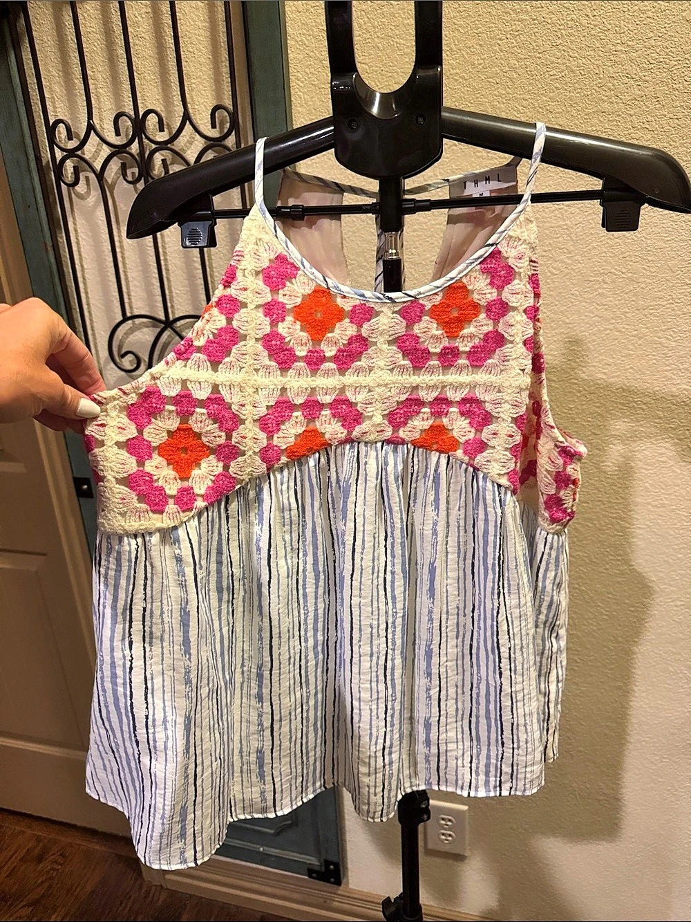 THML Embroidered Striped Tank Top in White & Blue Stripe Size Medium